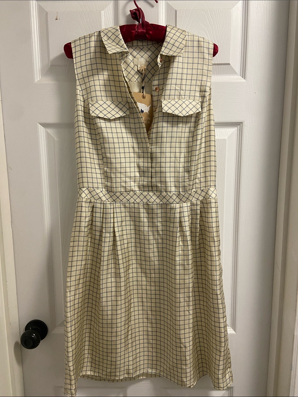 Tommy Hilfiger Silk Cream Dress with Blue Grid Pattern